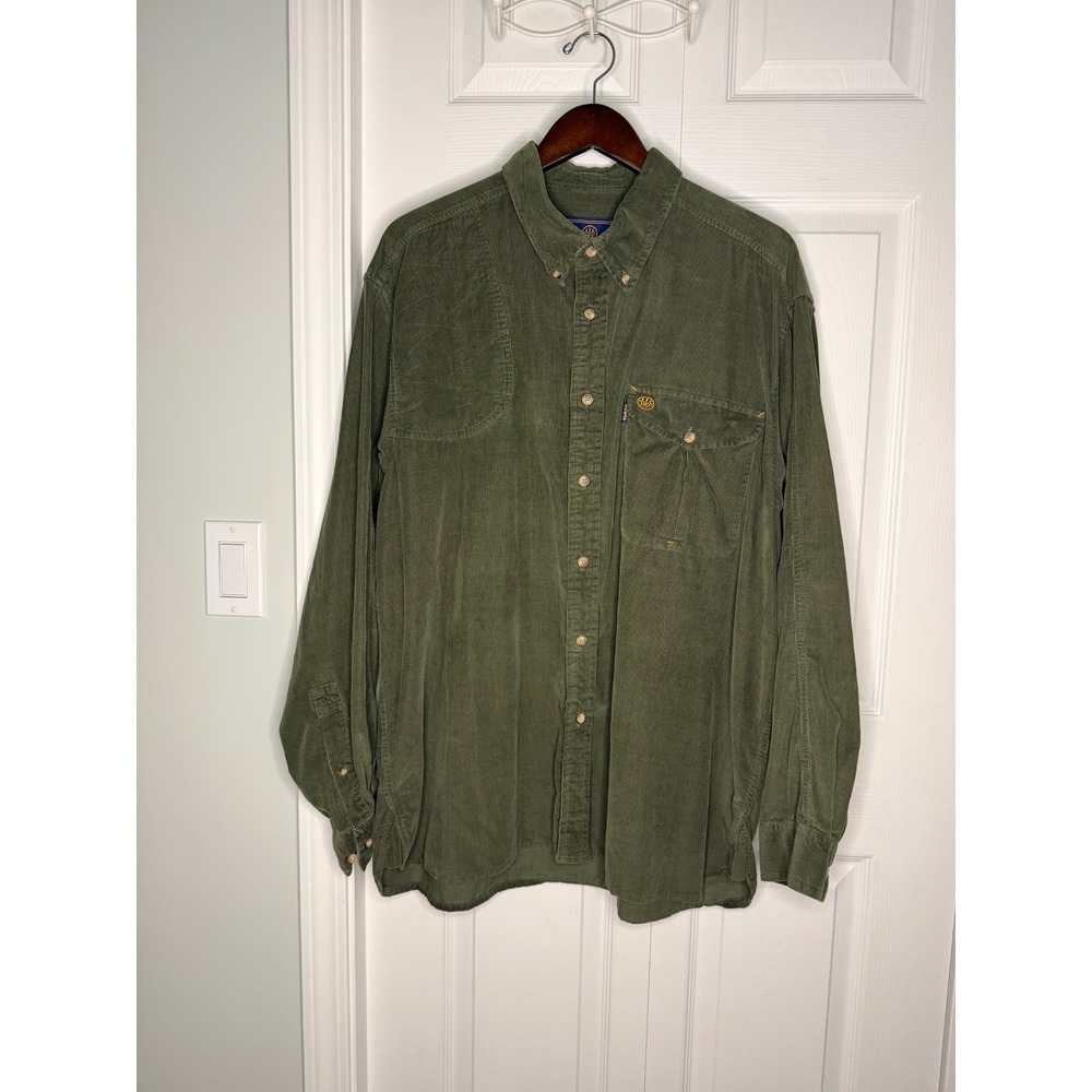 Beretta Mens XXL Olive Green Corduroy Shooting Shirt Quilted Shoulder Patch Logo